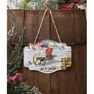 Let It Snow Vintage Sledding Children Embossed Metal Hanger