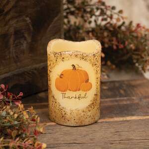 Burnt Ivory Thankful Pumpkins Timer Pillar, 4"