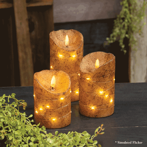 Burnt Ivory LED Wrapped Flicker Flame Timer Pillar, 4"