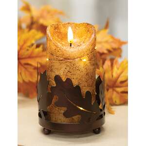 Rusty Finish Metal Fall Leaves Pillar Holder - 4.25"H