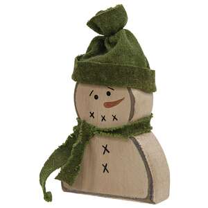 37879 Wooden Primitive Snowman Sitter w/Green Hat and Scarf;