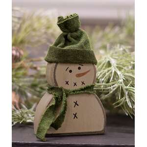 37879 Wooden Primitive Snowman Sitter w/Green Hat and Scarf;