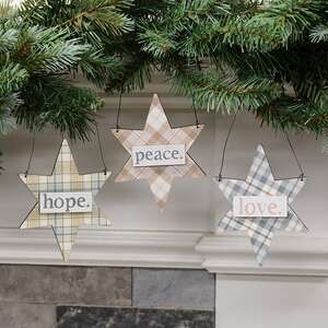 Love, Hope, Peace Plaid Star Ornament, 3 Asstd.