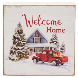 Welcome Home Vintage Red Truck Square Block
