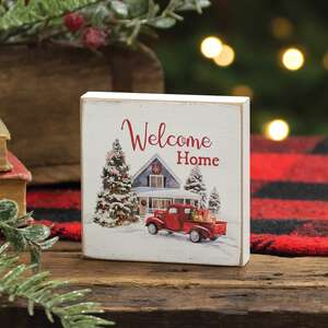 Welcome Home Vintage Red Truck Square Block