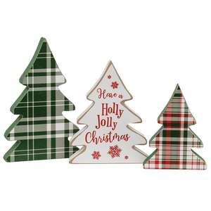 Wooden Holly Jolly Plaid Christmas Trees, 3/Set 37951;