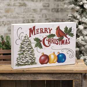 Merry Christmas Cardinal, Tree & Ornaments Box Sign