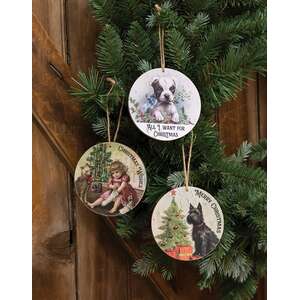Christmas Wishes Vintage Dog Ornament, 3 Asstd.