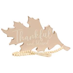 Thankful and Blessed Wooden Leaf Sitter with Beads