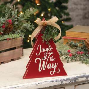 Jingle All the Way Red Wooden Christmas Tree with Burlap Bow