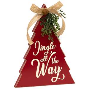 Jingle All the Way Red Wooden Christmas Tree with Burlap Bow