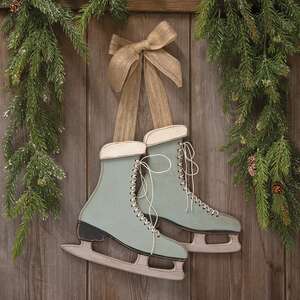 38196 Distressed Wooden Blue Ice Skates with Burlap Bow, 2 Set;