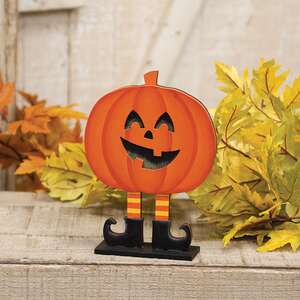 Wooden Smiling Jack O Lantern In Boots on Base - 7.25"H