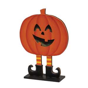 Wooden Smiling Jack O Lantern In Boots on Base - 7.25"H