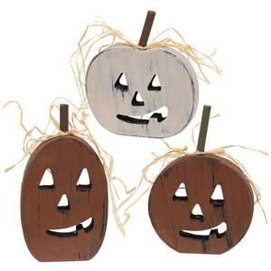 Primitive Distressed Wood Cutout Jack O Lantern Sitter - 3 Asstd.