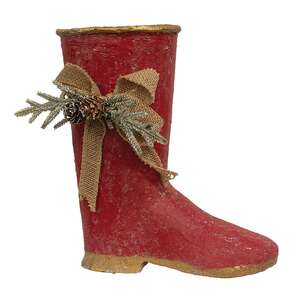 Distressed Red Metal Boot w/Burlap Bow & Pine 60475;