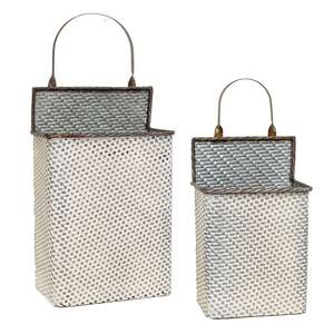 White Washed Basketweave Metal Rectangle Wall Baskets, 2/Set 70157;