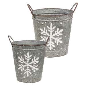 White Washed Snowflake Embossed Metal Buckets, 2/Set 70159;