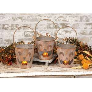 Distressed Metal Jack O Lantern Luminary Bucket - 3 Asstd.