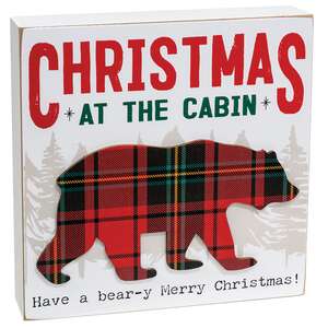 Christmas At the Cabin Plaid Bear Box Sign