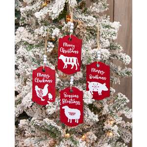 On the Farm Beaded Wooden Red Ornament - 4 Asstd.