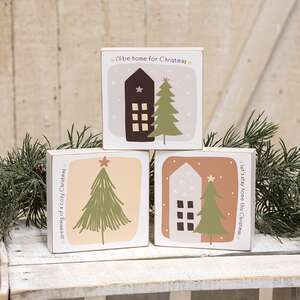 Home For Christmas 4" Square Box Sign - 3 Asstd.