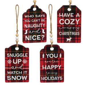 Cozy Merry Christmas Plaid Gift Tag Ornament - 4 Asstd.
