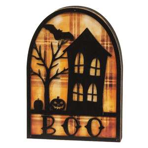 Boo & Spooky House Silhouette Plaid Background Wooden Sitter 38724;