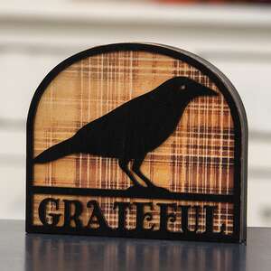 Grateful Crow Silhouette Plaid Background Wooden Sitter 38725;