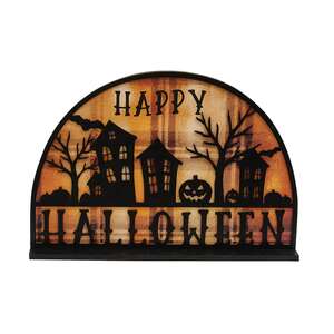 Happy Halloween Spooky Village Plaid Background Sign on Base 38726;