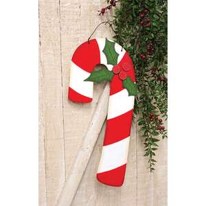 Wooden Candy Cane & Holly Hanger - 18.5"H