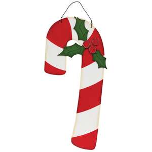 Wooden Candy Cane & Holly Hanger - 18.5"H
