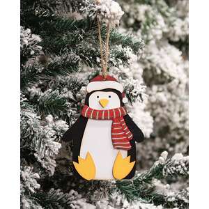 Layered Wood Penguin in Hat & Scarf Orna;