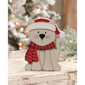 Kitten in Santa Hat & Scarf Chunky Wood Sitter