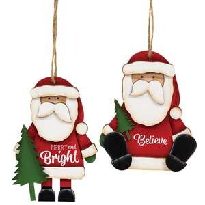 Believe & Bright Santa & Tree Wooden Ornament - 2 Asstd.