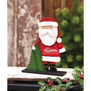 Merry Christmas Wooden Santa & Trees on Base - 9.5"H
