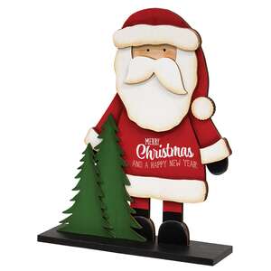 Merry Christmas Wooden Santa & Trees on Base - 9.5"H