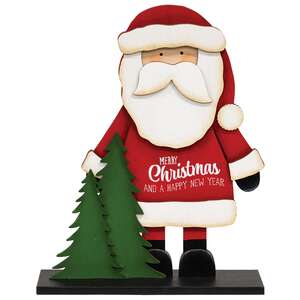 Merry Christmas Wooden Santa & Trees on Base - 9.5"H