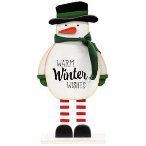 Warm Winter Wishes Wooden Snowman with Scarf on Base - 10.25"H