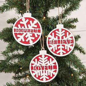 Wooden Sparkle Snowflake Winter Word Bulb Ornament, 3 Asstd. 38766;
