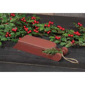 Distressed Wooden Red Sled with Pine - 9"