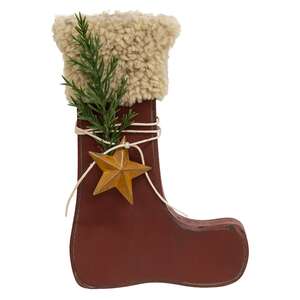 Distressed Primitive Wood Red Stock Sitter with Pine & Rusty Star