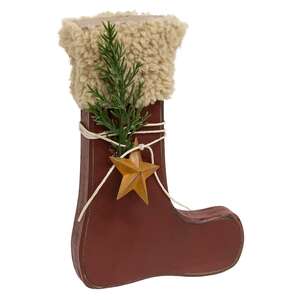 Distressed Primitive Wood Red Stock Sitter with Pine & Rusty Star