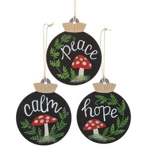 Peace, Calm, Hope Wooden Mushroom Bulb Ornament - 3 Asstd.