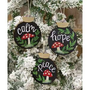 Peace, Calm, Hope Wooden Mushroom Bulb Ornament - 3 Asstd.