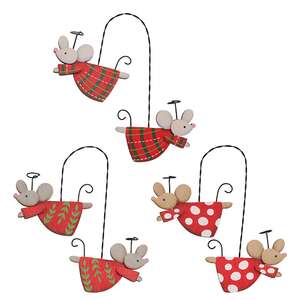 Wooden Flying Angel Mice Pair Hanging Ornament - 3 Asstd.