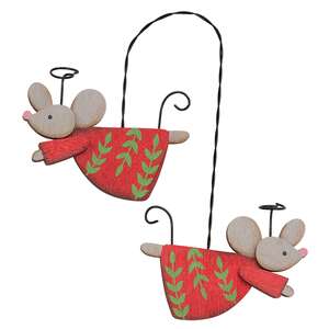 Wooden Flying Angel Mice Pair Hanging Ornament - 3 Asstd.