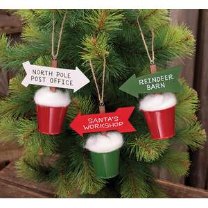 North Pole Arrow in Snowy Bucket Ornament - 3 Asstd.