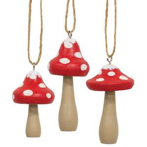 3 Set - Snowy Red-Capped Wooden Mushroom Ornaments