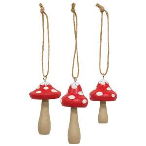3 Set - Snowy Red-Capped Wooden Mushroom Ornaments